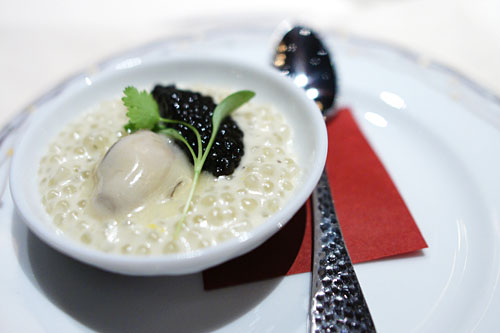 Butter poached Kushi oyster, tapioca cream with Spanish caviar and fresh yuzu