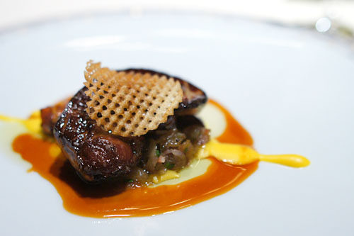 Sauté of Sonoma Foie Gras with Sweet Potato Caramelized Onions, Black Truffles and Butternut Squash Saucec