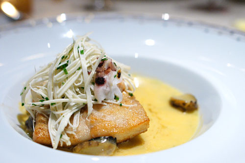 Filet of Wild Turbot, with Abalone, Hearts of Palm, Cuttlefish, Sea Urchin and Chateau Chalon Sauce