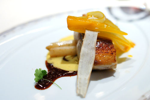 Hawaiian Ruby Snapper with Orange Braised Endive, Roasted Salsify and Citrus Red Wine Sauce