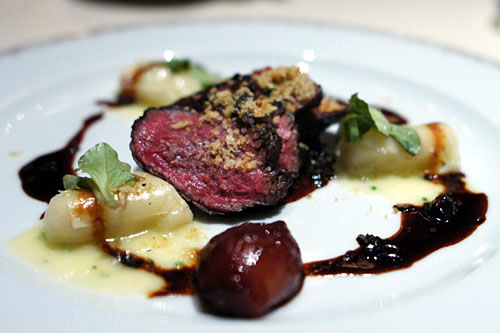 Snake River Farms Wagyu Beef with Potato Gnocchi, Aged Parmigiano and Porcinis in Red Wine Sauce