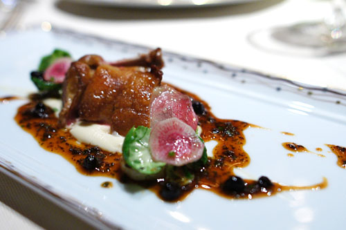 Roasted Squab with Brussels Sprouts, Celery Root Purée, Huckleberries and Herb Vinegar Sauce