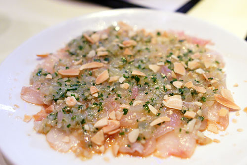 SNAPPER CARPACCIO with shallot green apple ponzu and almonds