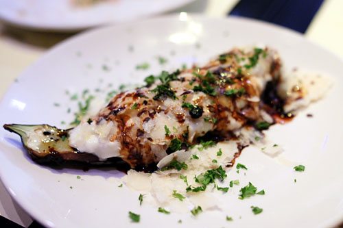 grilled Japanese EGGPLANT WITH BURRATA AND PARMESAN