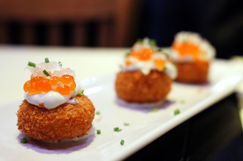 trio of SMOKED SALMON CROQUETTES with salmon caviar