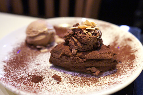 Flourless Valrhona Chocolate Soufflé Cake with coffee gelato