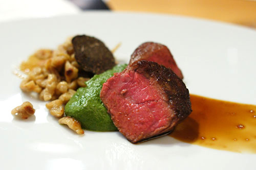 Spiced Beef, Spinach Avocado Puree, Crispy Porcini Spaetzle, Black Truffle, Guinness Gastrique