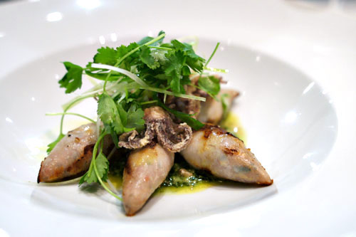 Baby Monterey squid, Chiang Mai pork sausage, candlenut, mint, rau ram