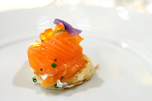 House-Smoked Salmon on a Lemon-Herb Blini