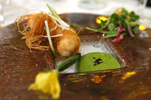 Crispy Phyllo-Wrapped Santa Barbara Spot Prawns with Cucumber Coulis