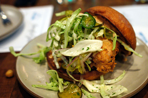 Fried chicken sandwich, spicy B&B pickle slaw, rooster aioli