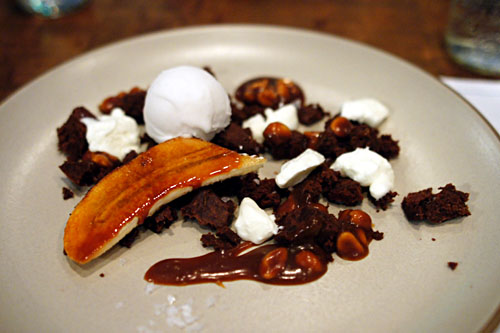 Flourless Chocolate Cake, Banana, Peanut, Coconut Ice Cream