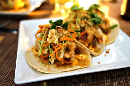 Beer Battered Fish Tacos with Cilantro Ginger Slaw, Thai Chili Aioli, Fresh Corn Tortillas