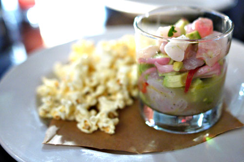 fluke ceviche, pisco, lime, pickled jalapeno, avocado and cilantro