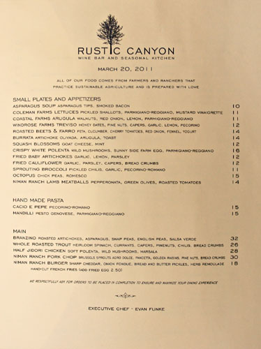 Rustic Canyon Menu