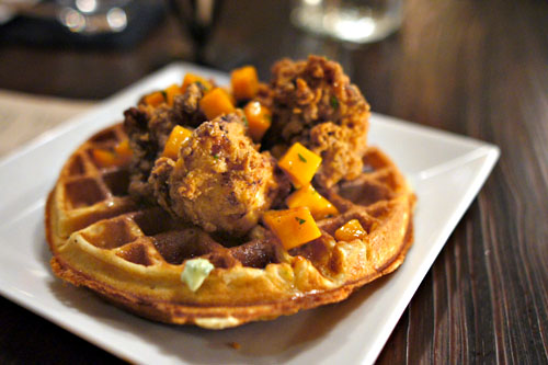 Wood & Vine fried chicken & waffles, house-made waffle, maple roasted squash