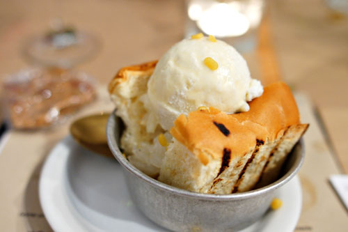 Ice cream sandwich, enjoyed in ghettos throughout Bangkok, coconut ice cream, sweet sticky rice, condensed & evaporated milk, toasted mung beans on a sweet roll