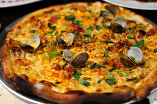 Clam and Chorizo Pizza, Zucchini & Blossoms