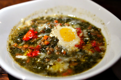 Wild fennel minestra, mustard greens, farro, Calabrian chilies, egg