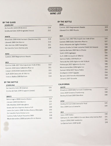 Sotto Wine List