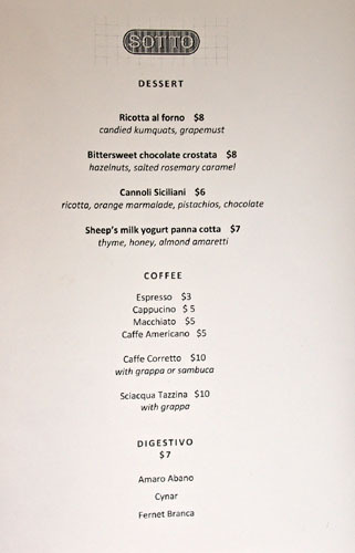 Sotto Dessert Menu