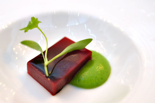 Raspberry Gelee w/ Pea Puree and Micro Cilantro