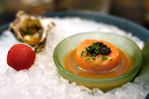 Salmon Tartar w/ Caviar and Kumamoto Oyster with Nobu Sauce