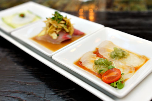 Sashimi Trio: Fresh Tako Sashimi Tiradito Style, Kanpachi Sashimi Agua de Chile, Hirame Sashimi w/ Wasabi Salsa and Ponzu