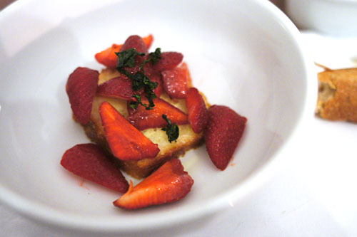 Pound Cake/ Fresh Market Strawberries/ Creme Anglaise/ Candied Basil.