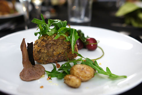 crispy lamb rillettes, fingerling confit, pickled blue-foot, arugula