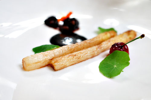 cherries, dutch white asparagus, black truffle & nasturtium