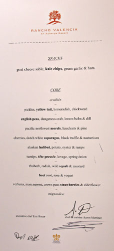 Rancho Valencia Restaurant Tasting Menu