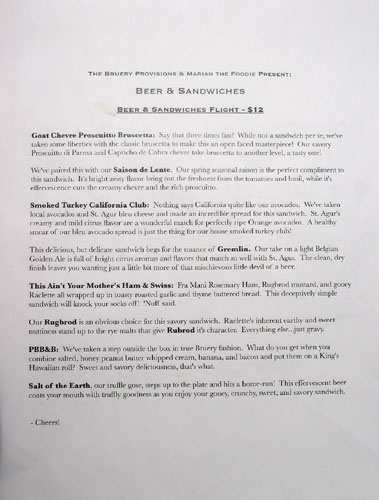 The Bruery Provisions Beer & Sandwiches Flight Menu