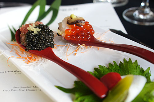 Tartar Duo - Hokkaido Scallop and Marinated Salmon Roe, Wasabi, Shiitake Mushroom / Toro, Osetra Caviar, Takuan, Scallion