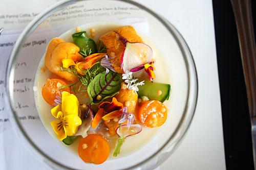 Soymilk panna cotta, Santa Barbara sea urchin, geoduck clam and fresh wasabi