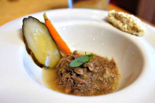 Oxtail compote, pickled spring vegetables, Mustard Tapioca