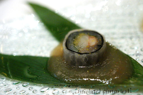 red snapper and half-cooked botan ebi wrapped in seaweed