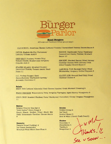 Burger Parlor Menu