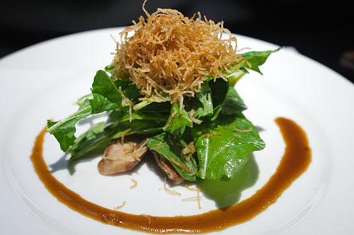 Wild Arugula Salad w/ Smoked Chashu Berkshire Pork Cheek, Balsamic Garlic Vinaigrette