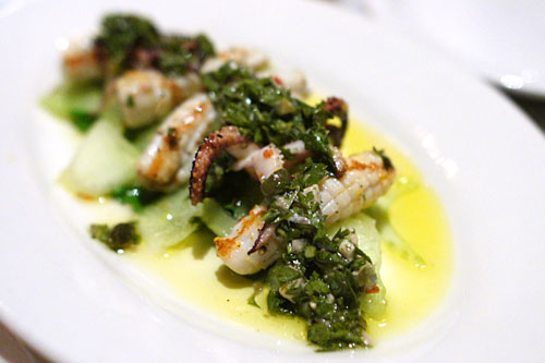 Grilled Nantucket Squid with Cavaillon Melon, Celery, Chili & Salsa Verde