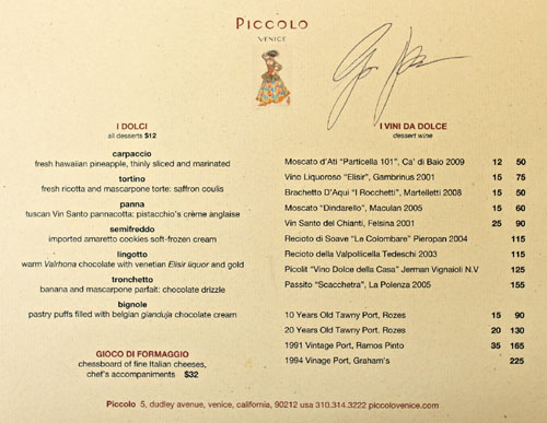 Piccolo Dessert Menu