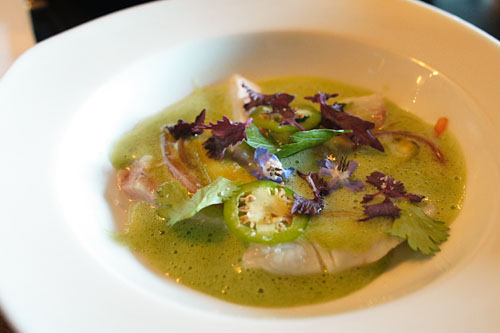 Dorade Ceviche, Cucumber Water, Cornichon, Borrage Flower