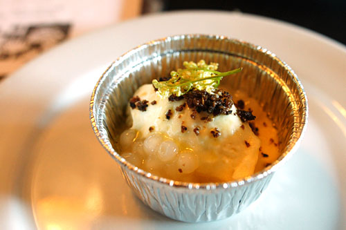 Salt Cod Panna Cotta, Whipped Fingerling Potato, Smoked Tapioca, Black Olive Bread