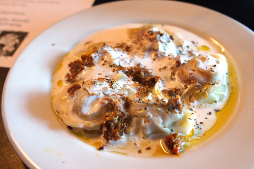 Foie Gras Ravioli, Crispy Kimchi, Sake-Black Truffle Cream