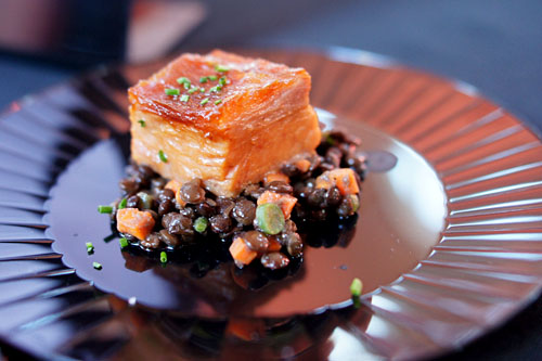 Braised Kurabota Pork Belly, Beluga Lentils, 'Soupe de Poisson Provencal'