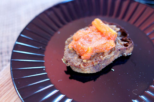 Eggplant Caviar with Tomato Compote on Toasted Baguette