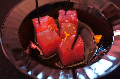 Compressed Watermelon Cubes, Basil Oil