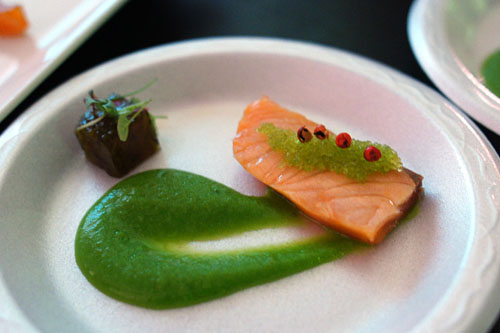 Côté Seared House Smoked Schottische Salmon with Broccoli Yuzu Kosho Coulis and Mozuku Aspic