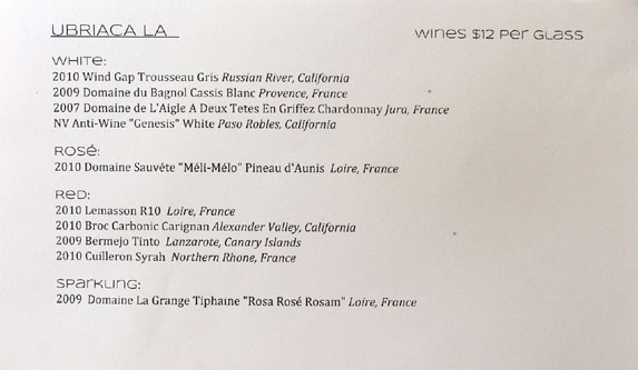 Ubriaca LA Wine List