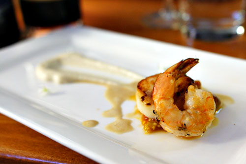 Pan Seared Diver Scallop and Grilled Prawn with Brown Butter Cauliflower Puree, Vanilla Beurre Blanc and Tomato